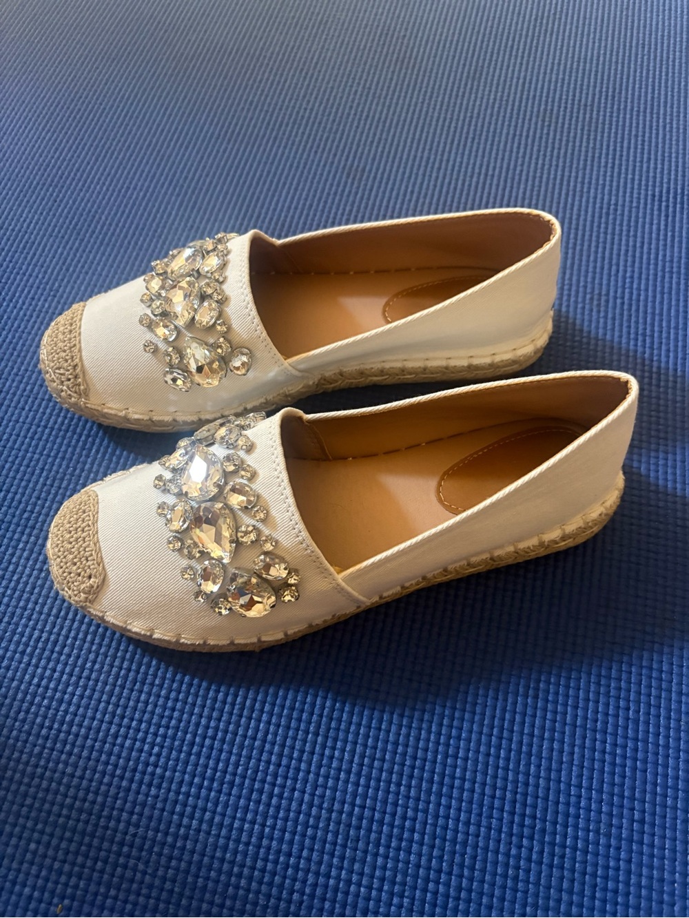Crystal-Embellished White Espadrille Flats - Women's Slip-On Shoes